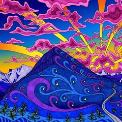 Psychedelic Colorful Lines Nature Mountain Trees Snowy Peak Moon Sun Rays Hill Road Artwork Stars Play Mat (square) by pakminggu