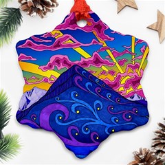 Psychedelic Colorful Lines Nature Mountain Trees Snowy Peak Moon Sun Rays Hill Road Artwork Stars Ornament (snowflake) by pakminggu