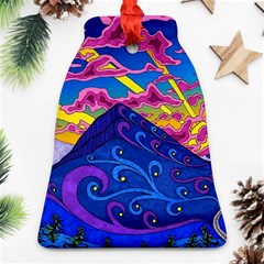 Psychedelic Colorful Lines Nature Mountain Trees Snowy Peak Moon Sun Rays Hill Road Artwork Stars Ornament (bell) by pakminggu