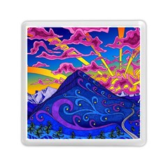 Psychedelic Colorful Lines Nature Mountain Trees Snowy Peak Moon Sun Rays Hill Road Artwork Stars Memory Card Reader (square) by pakminggu