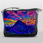 Psychedelic Colorful Lines Nature Mountain Trees Snowy Peak Moon Sun Rays Hill Road Artwork Stars Messenger Bag Front