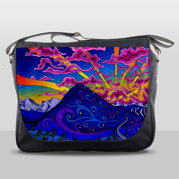 Psychedelic Colorful Lines Nature Mountain Trees Snowy Peak Moon Sun Rays Hill Road Artwork Stars Messenger Bag