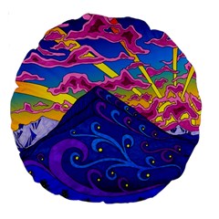 Psychedelic Colorful Lines Nature Mountain Trees Snowy Peak Moon Sun Rays Hill Road Artwork Stars Large 18  Premium Round Cushions