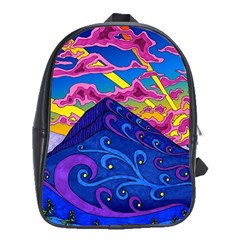 Psychedelic Colorful Lines Nature Mountain Trees Snowy Peak Moon Sun Rays Hill Road Artwork Stars School Bag (xl) by pakminggu