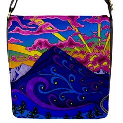 Psychedelic Colorful Lines Nature Mountain Trees Snowy Peak Moon Sun Rays Hill Road Artwork Stars Flap Closure Messenger Bag (s) by pakminggu