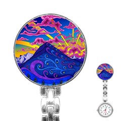 Psychedelic Colorful Lines Nature Mountain Trees Snowy Peak Moon Sun Rays Hill Road Artwork Stars Stainless Steel Nurses Watch by pakminggu