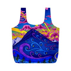 Psychedelic Colorful Lines Nature Mountain Trees Snowy Peak Moon Sun Rays Hill Road Artwork Stars Full Print Recycle Bag (m) by pakminggu