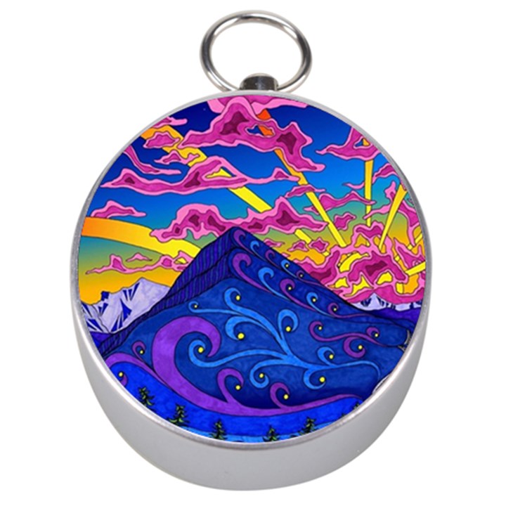 Psychedelic Colorful Lines Nature Mountain Trees Snowy Peak Moon Sun Rays Hill Road Artwork Stars Silver Compasses