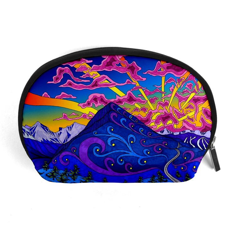 Psychedelic Colorful Lines Nature Mountain Trees Snowy Peak Moon Sun Rays Hill Road Artwork Stars Accessory Pouch (Large)