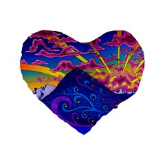 Psychedelic Colorful Lines Nature Mountain Trees Snowy Peak Moon Sun Rays Hill Road Artwork Stars Standard 16  Premium Flano Heart Shape Cushions by pakminggu