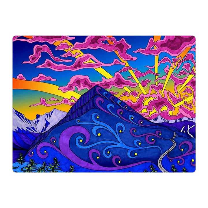 Psychedelic Colorful Lines Nature Mountain Trees Snowy Peak Moon Sun Rays Hill Road Artwork Stars Two Sides Premium Plush Fleece Blanket (Mini)