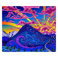 Psychedelic Colorful Lines Nature Mountain Trees Snowy Peak Moon Sun Rays Hill Road Artwork Stars Two Sides Premium Plush Fleece Blanket (small) by pakminggu