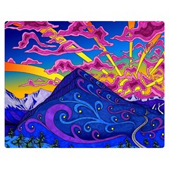 Psychedelic Colorful Lines Nature Mountain Trees Snowy Peak Moon Sun Rays Hill Road Artwork Stars Two Sides Premium Plush Fleece Blanket (medium) by pakminggu