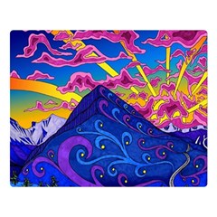 Psychedelic Colorful Lines Nature Mountain Trees Snowy Peak Moon Sun Rays Hill Road Artwork Stars Two Sides Premium Plush Fleece Blanket (large) by pakminggu