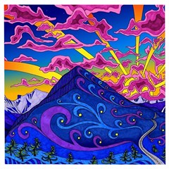 Psychedelic Colorful Lines Nature Mountain Trees Snowy Peak Moon Sun Rays Hill Road Artwork Stars Wooden Puzzle Square by pakminggu