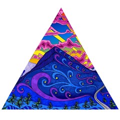 Psychedelic Colorful Lines Nature Mountain Trees Snowy Peak Moon Sun Rays Hill Road Artwork Stars Wooden Puzzle Triangle by pakminggu