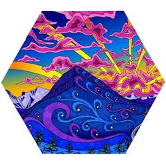 Psychedelic Colorful Lines Nature Mountain Trees Snowy Peak Moon Sun Rays Hill Road Artwork Stars Wooden Puzzle Hexagon by pakminggu