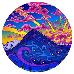 Psychedelic Colorful Lines Nature Mountain Trees Snowy Peak Moon Sun Rays Hill Road Artwork Stars Round Trivet by pakminggu