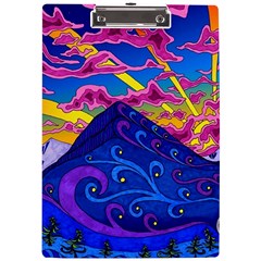 Psychedelic Colorful Lines Nature Mountain Trees Snowy Peak Moon Sun Rays Hill Road Artwork Stars A4 Acrylic Clipboard by pakminggu