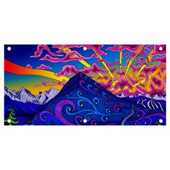 Psychedelic Colorful Lines Nature Mountain Trees Snowy Peak Moon Sun Rays Hill Road Artwork Stars Banner And Sign 4  X 2  by pakminggu