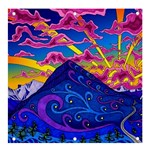 Psychedelic Colorful Lines Nature Mountain Trees Snowy Peak Moon Sun Rays Hill Road Artwork Stars Banner and Sign 4  x 4  Front