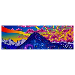 Psychedelic Colorful Lines Nature Mountain Trees Snowy Peak Moon Sun Rays Hill Road Artwork Stars Banner And Sign 9  X 3  by pakminggu