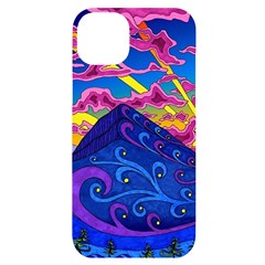 Psychedelic Colorful Lines Nature Mountain Trees Snowy Peak Moon Sun Rays Hill Road Artwork Stars Iphone 14 Plus Black Uv Print Case by pakminggu