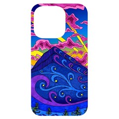 Psychedelic Colorful Lines Nature Mountain Trees Snowy Peak Moon Sun Rays Hill Road Artwork Stars Iphone 14 Pro Black Uv Print Case by pakminggu