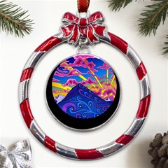 Psychedelic Colorful Lines Nature Mountain Trees Snowy Peak Moon Sun Rays Hill Road Artwork Stars Metal Red Ribbon Round Ornament by pakminggu