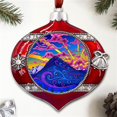 Psychedelic Colorful Lines Nature Mountain Trees Snowy Peak Moon Sun Rays Hill Road Artwork Stars Metal Snowflake And Bell Red Ornament by pakminggu