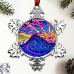 Psychedelic Colorful Lines Nature Mountain Trees Snowy Peak Moon Sun Rays Hill Road Artwork Stars Metal Small Snowflake Ornament by pakminggu