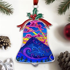 Psychedelic Colorful Lines Nature Mountain Trees Snowy Peak Moon Sun Rays Hill Road Artwork Stars Metal Holly Leaf Bell Ornament by pakminggu