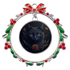 Art Cat Drawing Mammal Animal Feline Metal X mas Wreath Ribbon Ornament