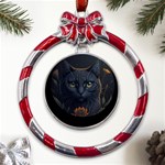 Art Cat Drawing Mammal Animal Feline Metal Red Ribbon Round Ornament Front