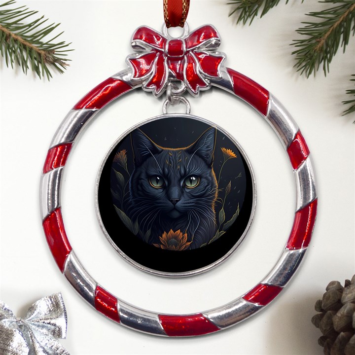 Art Cat Drawing Mammal Animal Feline Metal Red Ribbon Round Ornament