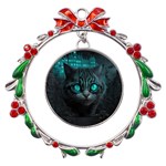 Angry Cat Fantasy Metal X mas Wreath Ribbon Ornament Front