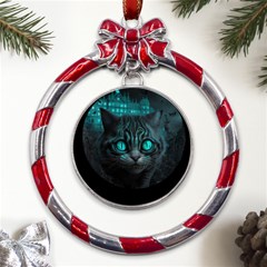 Angry Cat Fantasy Metal Red Ribbon Round Ornament by pakminggu