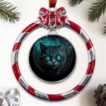 Angry Cat Fantasy Metal Red Ribbon Round Ornament Front