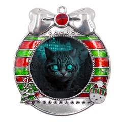 Angry Cat Fantasy Metal X mas Ribbon With Red Crystal Round Ornament by pakminggu