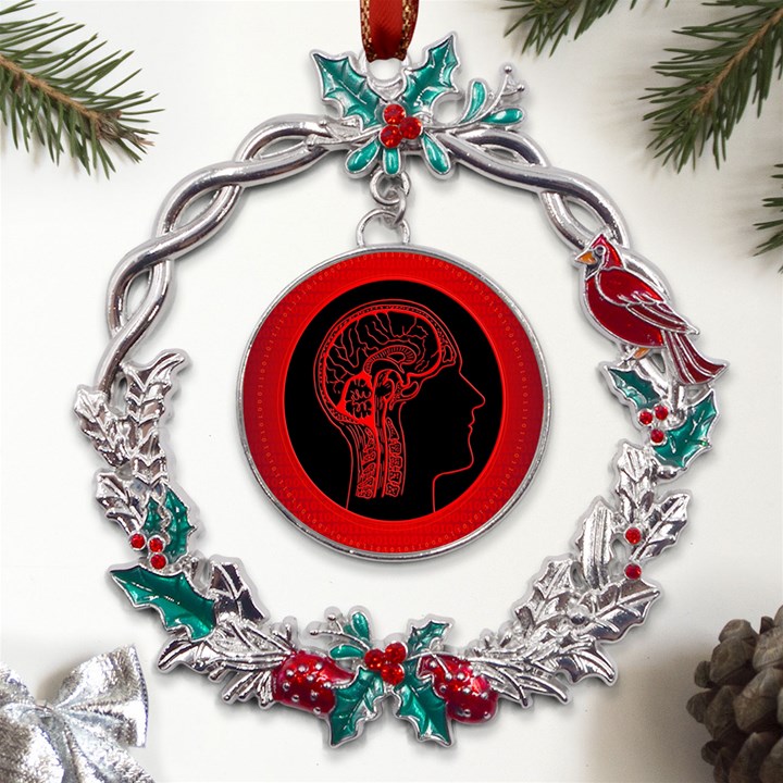 Artificial Intelligence Brain Think Metal X mas Wreath Holly leaf Ornament