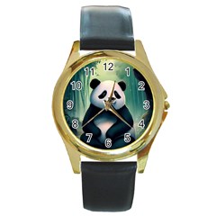 Animal Panda Forest Tree Natural Round Gold Metal Watch