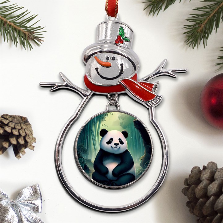 Animal Panda Forest Tree Natural Metal Snowman Ornament