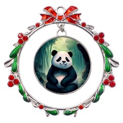 Animal Panda Forest Tree Natural Metal X mas Wreath Ribbon Ornament by pakminggu