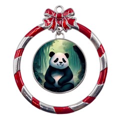 Animal Panda Forest Tree Natural Metal Red Ribbon Round Ornament