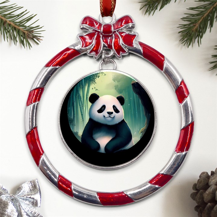 Animal Panda Forest Tree Natural Metal Red Ribbon Round Ornament