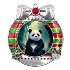 Animal Panda Forest Tree Natural Metal X mas Ribbon With Red Crystal Round Ornament by pakminggu