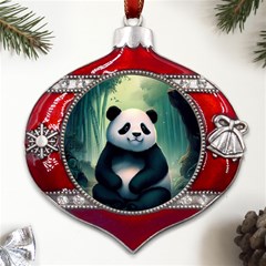 Animal Panda Forest Tree Natural Metal Snowflake And Bell Red Ornament