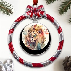 Lion Africa African Art Metal Red Ribbon Round Ornament by pakminggu