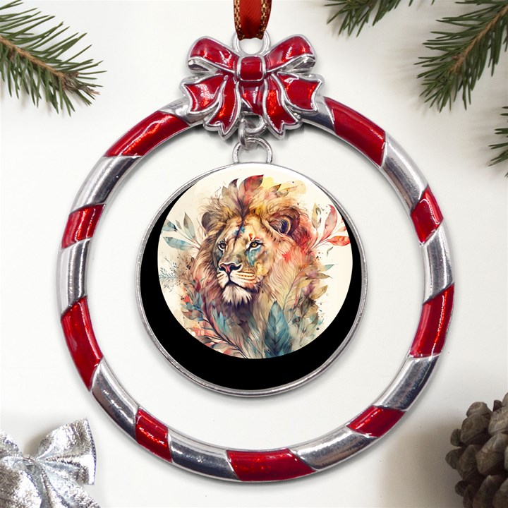 Lion Africa African Art Metal Red Ribbon Round Ornament