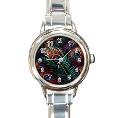 Peacock Feathers Nature Feather Pattern Round Italian Charm Watch by pakminggu